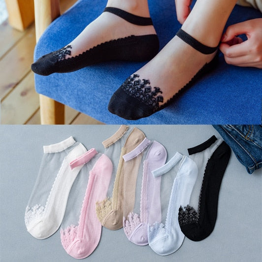 6 Pairs Women Socks Summer New Flower Lace Ankle Socks Soft Silk Thin Transparent Socks Solid Cute Socks