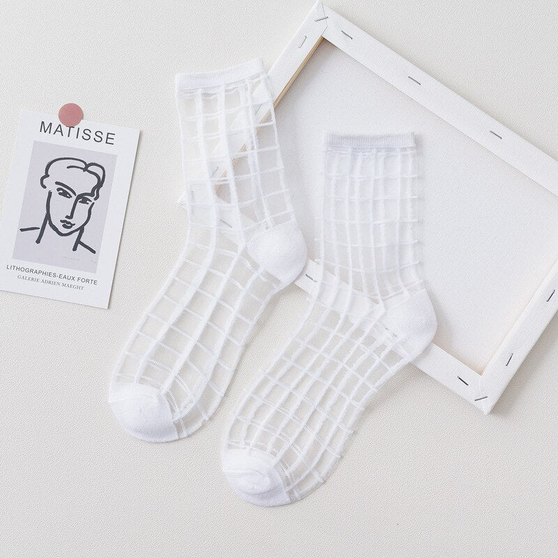 1 Pair Women Socks Summer New Black White Socks Thin Transparent Socks Striped Plaid Cute Socks