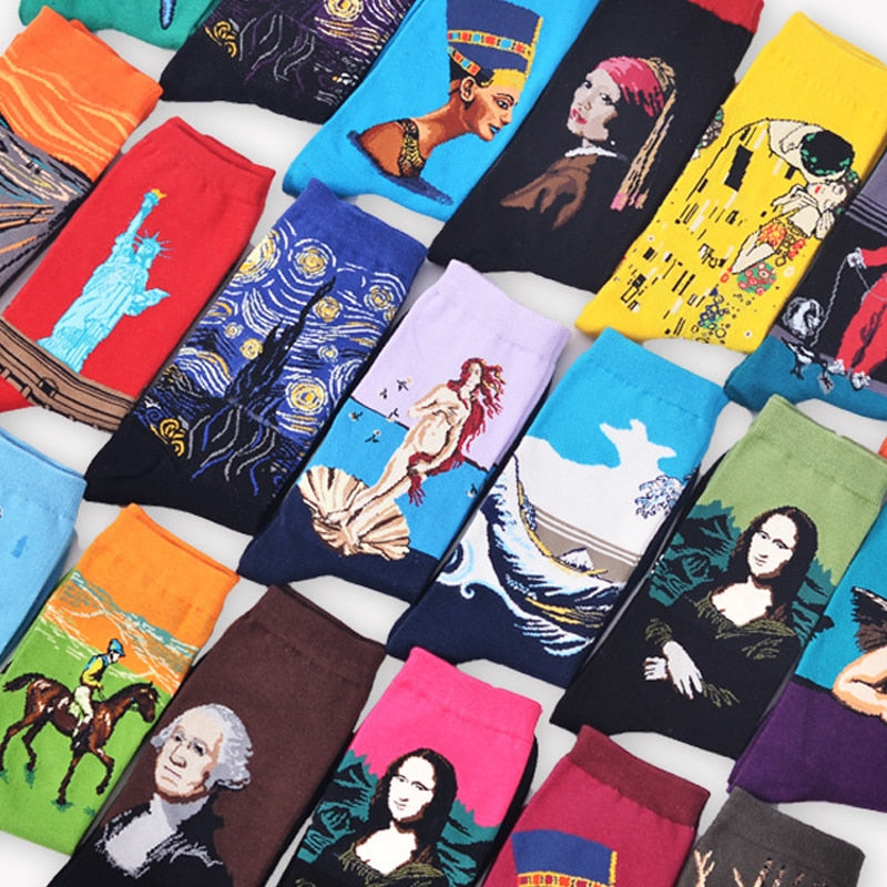 Starry Night Winter Retro Women Personality Art Van Gogh Mona Lisa Famous Painting Men Socks Oil Funny Happy Socks Dropshopping