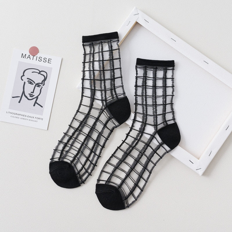 1 Pair Women Socks Summer New Black White Socks Thin Transparent Socks Striped Plaid Cute Socks