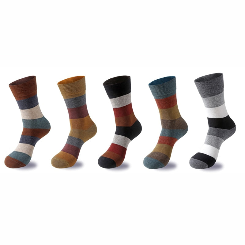 Men's Combed Cotton Socks Fashion Colorful Large Stripe Harajuku Four Seasons Casual Socks Men Size 39-44 5Pair/Lot