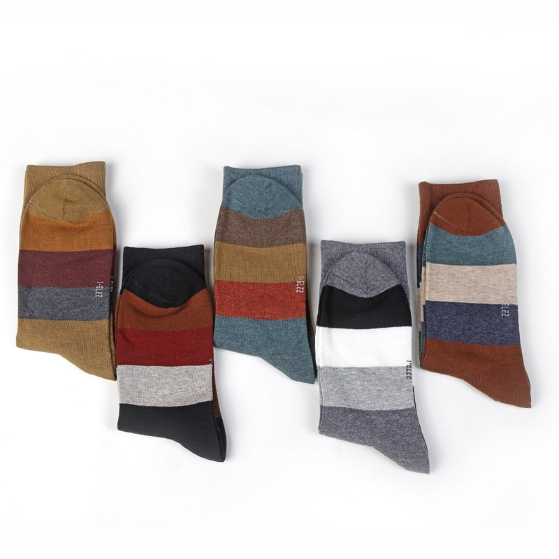 Men's Combed Cotton Socks Fashion Colorful Large Stripe Harajuku Four Seasons Casual Socks Men Size 39-44 5Pair/Lot