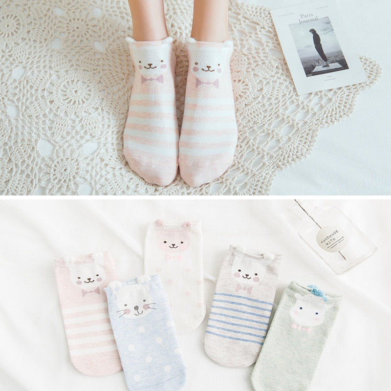 5Pairs New Arrivl Women Cotton Socks Pink Cute Cat Ankle Socks Short Women Socks Casual Animal Ear Red Heart Gril Socks 35-40