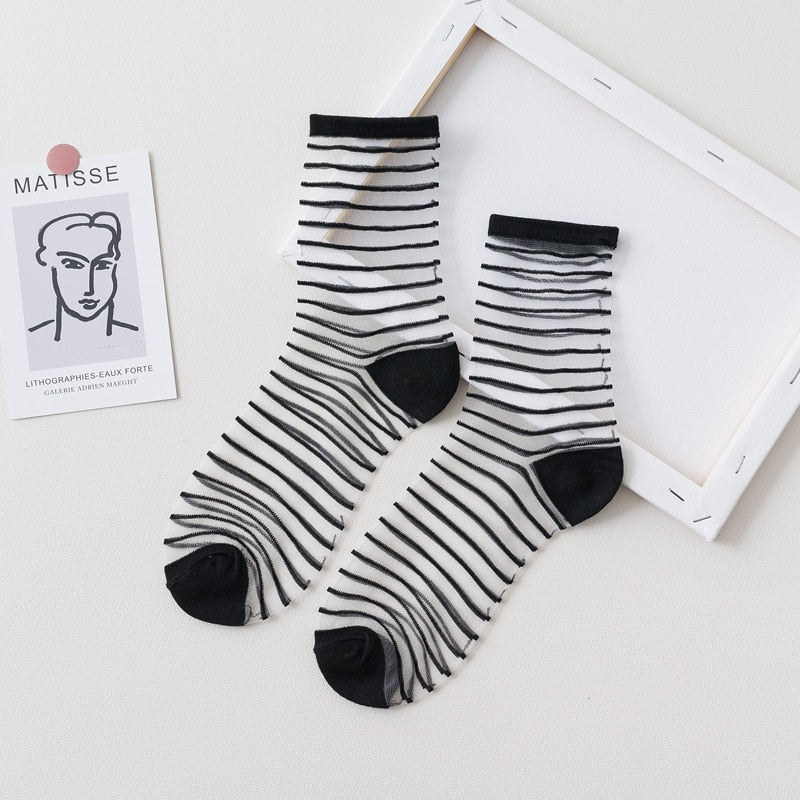 1 Pair Women Socks Summer New Black White Socks Thin Transparent Socks Striped Plaid Cute Socks