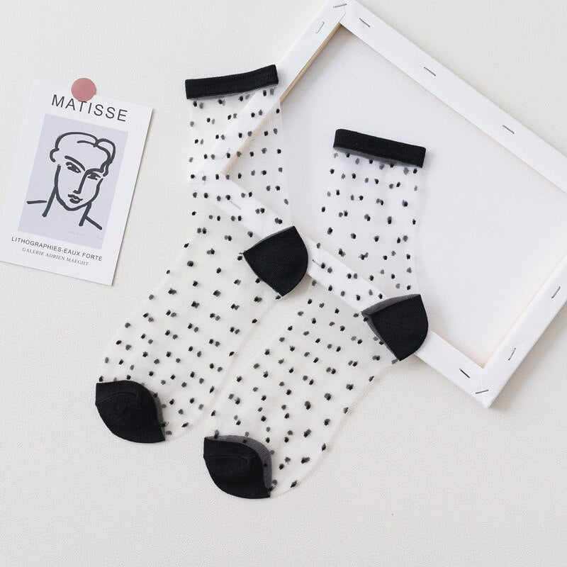 1 Pair Women Socks Summer New Black White Socks Thin Transparent Socks Striped Plaid Cute Socks