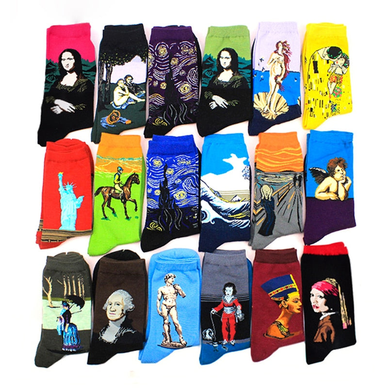 Starry Night Winter Retro Women Personality Art Van Gogh Mona Lisa Famous Painting Men Socks Oil Funny Happy Socks Dropshopping