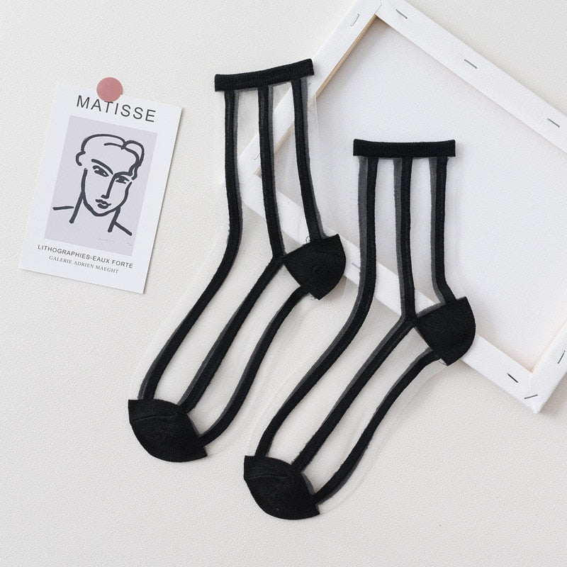 1 Pair Women Socks Summer New Black White Socks Thin Transparent Socks Striped Plaid Cute Socks