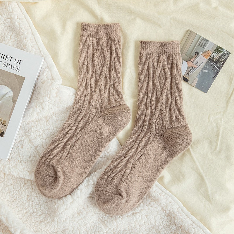 Solid Color Wool Socks Winter Warm Thickening Pile Socks Socks Women's Middle Tube Socks Japanese Twist Plush Socks