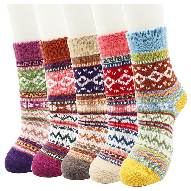 5 Pairs New Women's Winter Warm Socks Vintage Christmas Sock Harajuku Ethnic Style Cashmere Thermal Thicken Wool Sock for Women