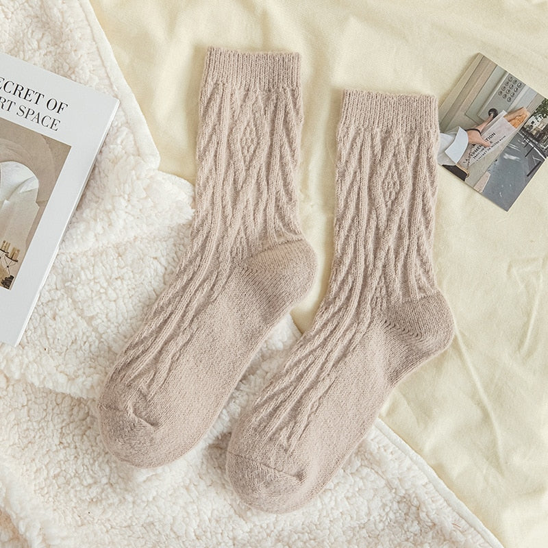 Solid Color Wool Socks Winter Warm Thickening Pile Socks Socks Women's Middle Tube Socks Japanese Twist Plush Socks