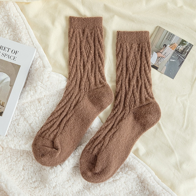 Solid Color Wool Socks Winter Warm Thickening Pile Socks Socks Women's Middle Tube Socks Japanese Twist Plush Socks