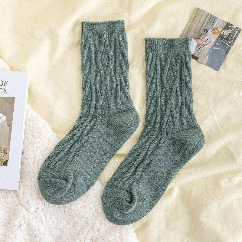 Solid Color Wool Socks Winter Warm Thickening Pile Socks Socks Women's Middle Tube Socks Japanese Twist Plush Socks