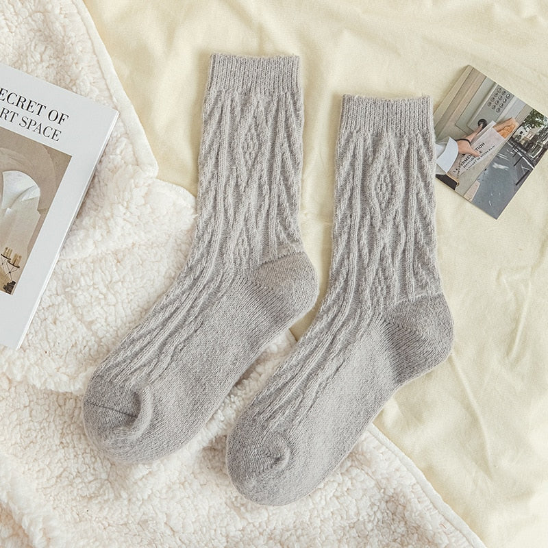 Solid Color Wool Socks Winter Warm Thickening Pile Socks Socks Women's Middle Tube Socks Japanese Twist Plush Socks