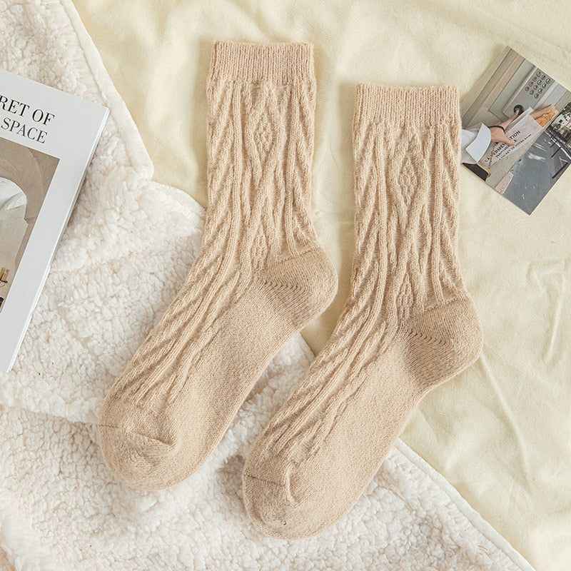 Solid Color Wool Socks Winter Warm Thickening Pile Socks Socks Women's Middle Tube Socks Japanese Twist Plush Socks