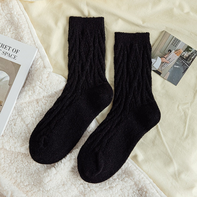 Solid Color Wool Socks Winter Warm Thickening Pile Socks Socks Women's Middle Tube Socks Japanese Twist Plush Socks