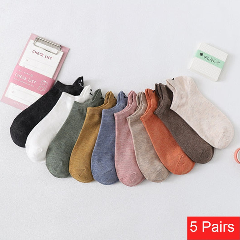 5 Pairs Spring Summer Female Socks Japanese Lovely Personality Heel Embroidered Smiling Face Lovers Solid Cotton Ankle Socks