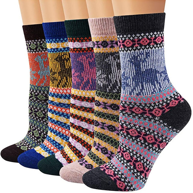 5 Pairs New Women's Winter Warm Socks Vintage Christmas Sock Harajuku Ethnic Style Cashmere Thermal Thicken Wool Sock for Women