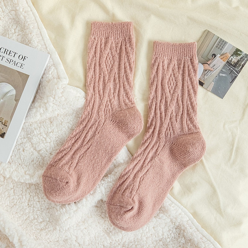 Solid Color Wool Socks Winter Warm Thickening Pile Socks Socks Women's Middle Tube Socks Japanese Twist Plush Socks