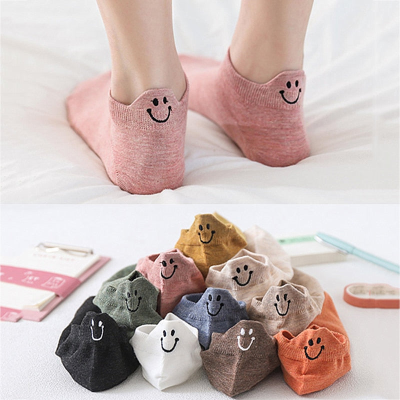 5 Pairs Spring Summer Female Socks Japanese Lovely Personality Heel Embroidered Smiling Face Lovers Solid Cotton Ankle Socks