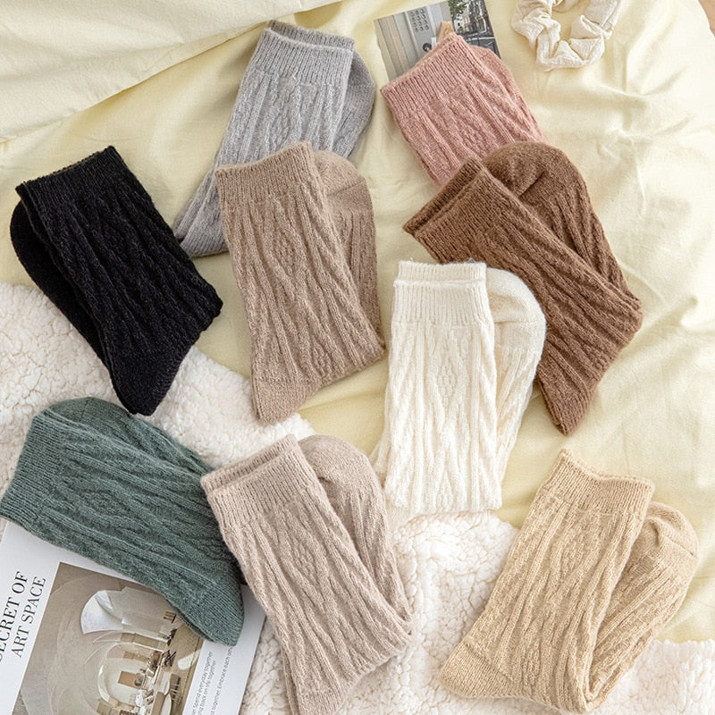 Solid Color Wool Socks Winter Warm Thickening Pile Socks Socks Women's Middle Tube Socks Japanese Twist Plush Socks