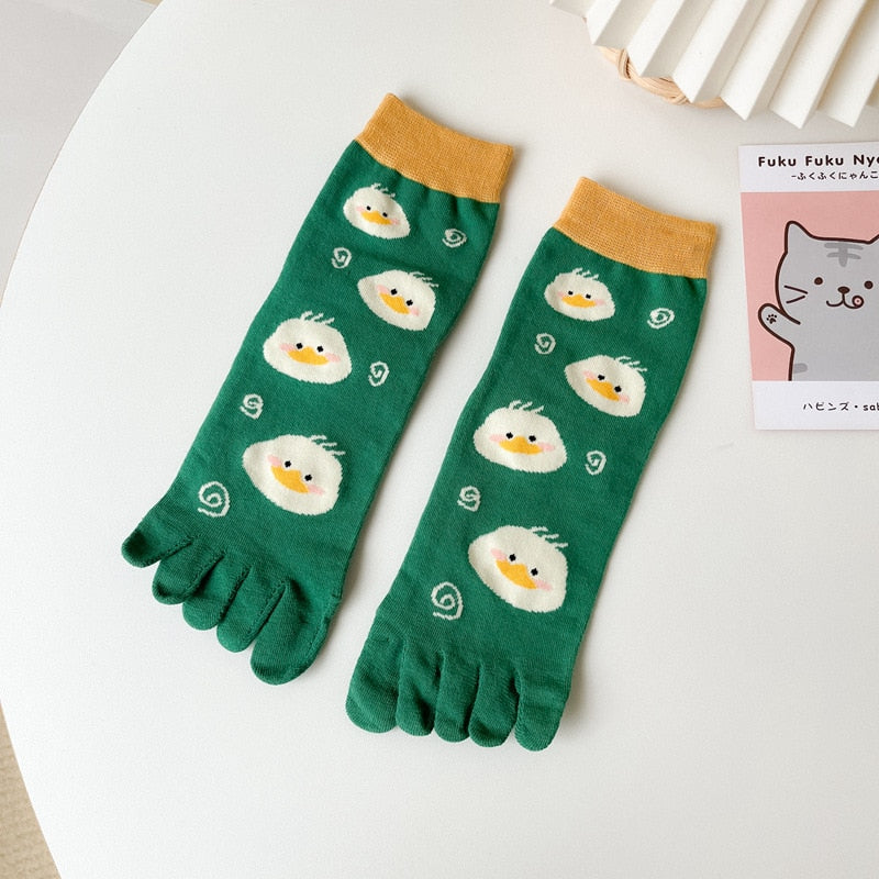 New five-finger ladies breathable sweat-absorbing mid-tube split-toed socks cute cartoon student girl socks